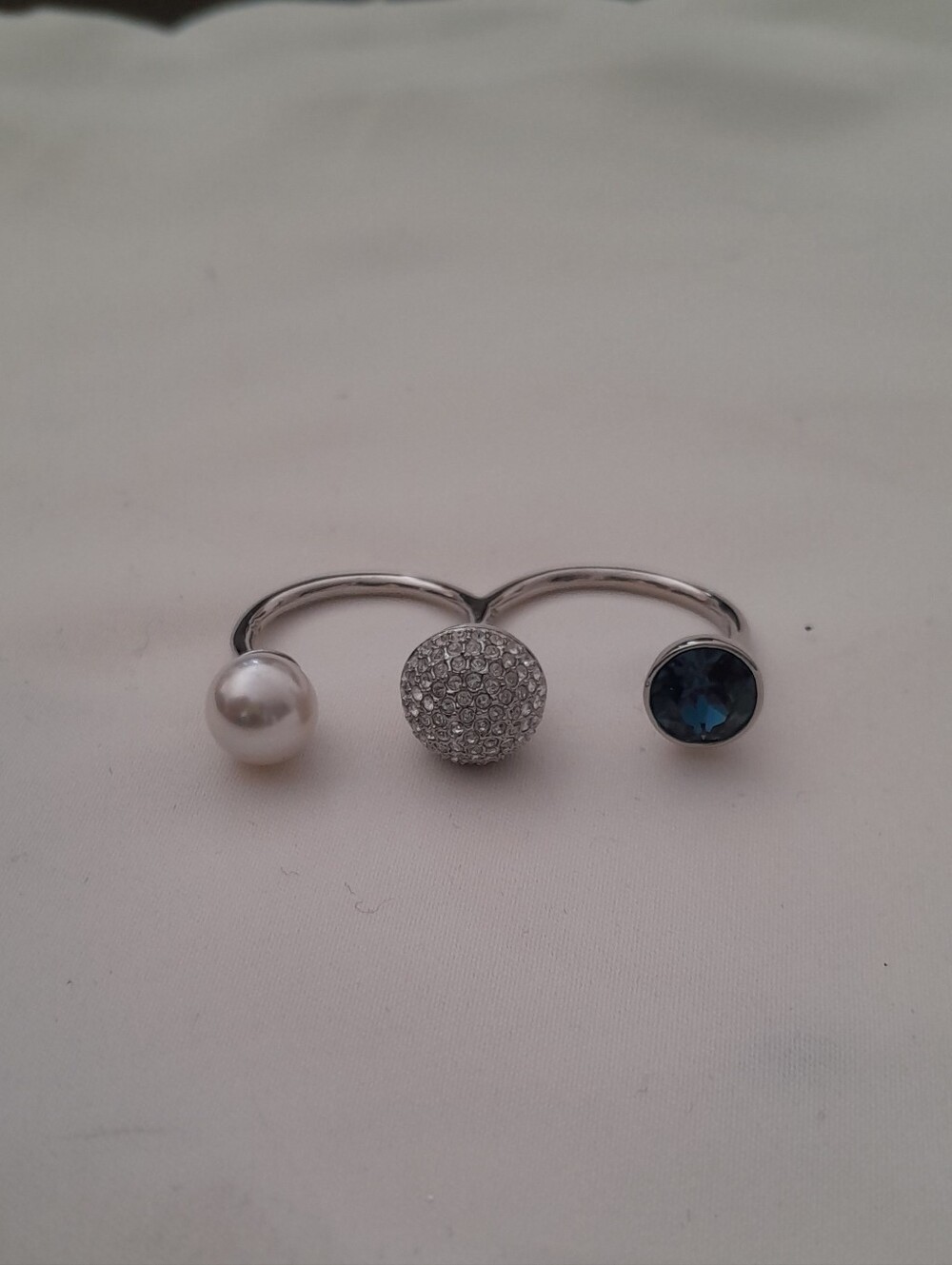 Elegant Triple-Accent Silver Ring with Pearl, Pave Crystal and Blue Gem